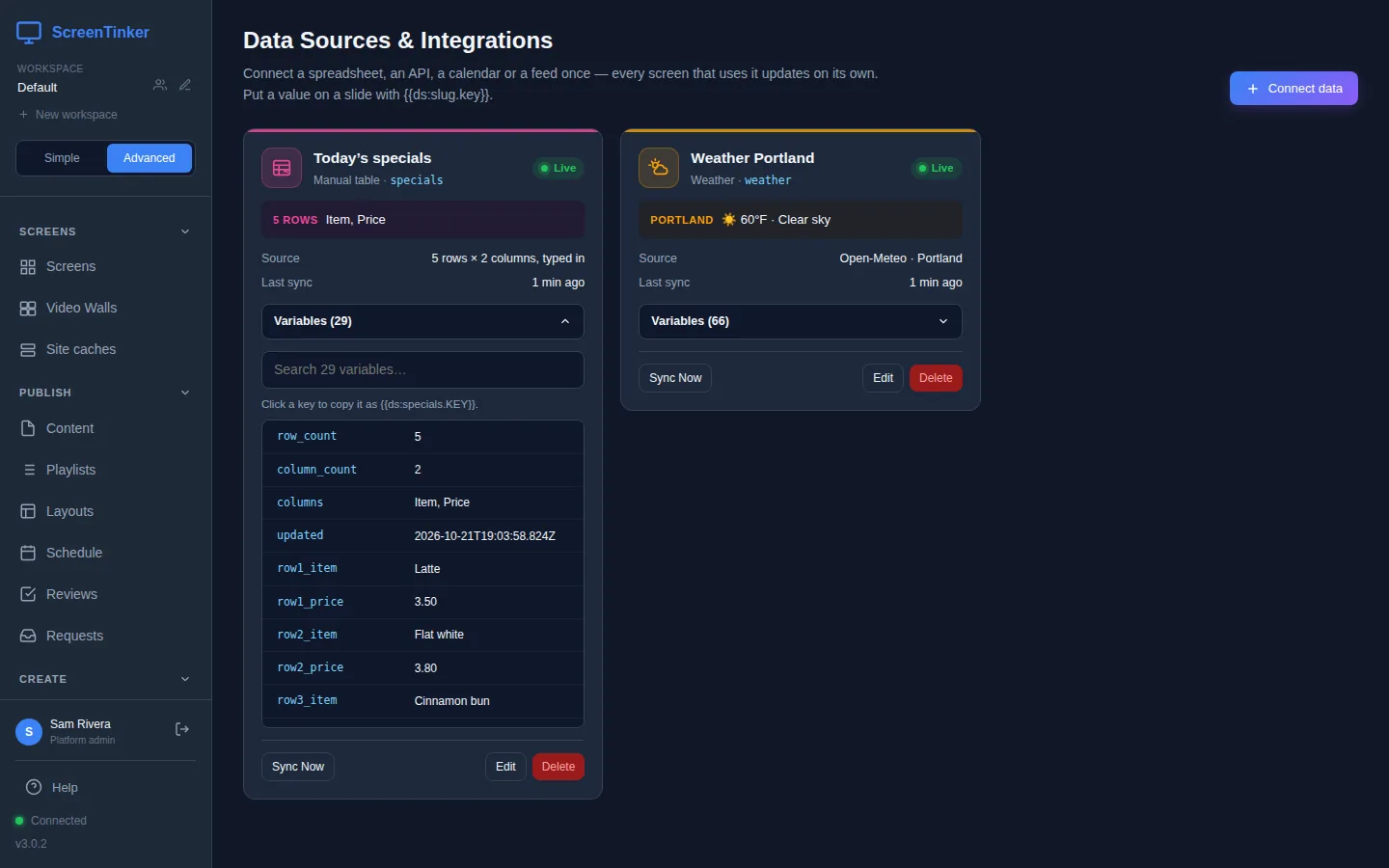 The Data Sources and Integrations page with two cards. Today's specials, a Manual table with slug specials, is Live, shows 5 rows with the columns Item and Price, and its open Variables (29) list shows row_count 5, column_count 2, columns Item, Price, then row1_item Latte, row1_price 3.50, row2_item Flat white and so on. Weather Portland, slug weather, is Live and shows Portland, 60°F, Clear sky. Each card has Sync Now, Edit and Delete buttons.