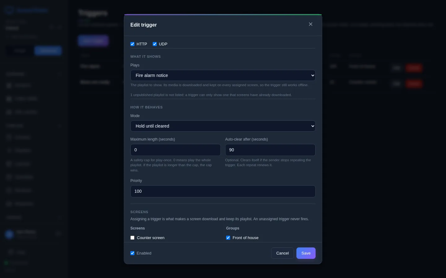 The lower part of the Edit trigger window. Mode is Hold until cleared, Maximum length is 0, Auto-clear after is 90 seconds and Priority is 100. Under Screens, the group Front of house is ticked and Counter screen is not. Enabled is ticked at the bottom, next to Cancel and Save.